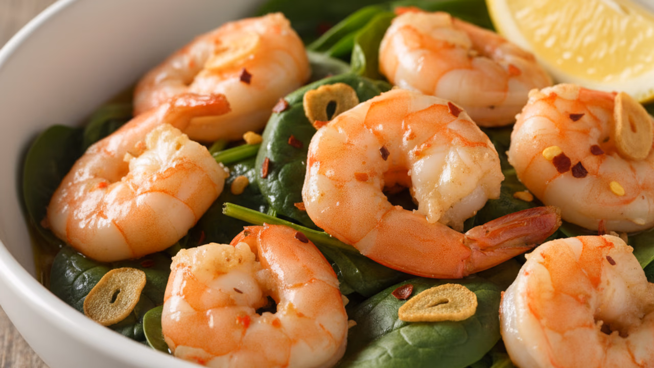 Camarones al Ajillo con Espinaca