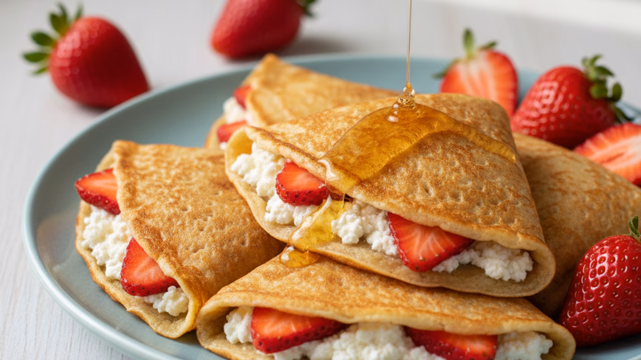 Crêpes de Avena con Queso Cottage y Fresas