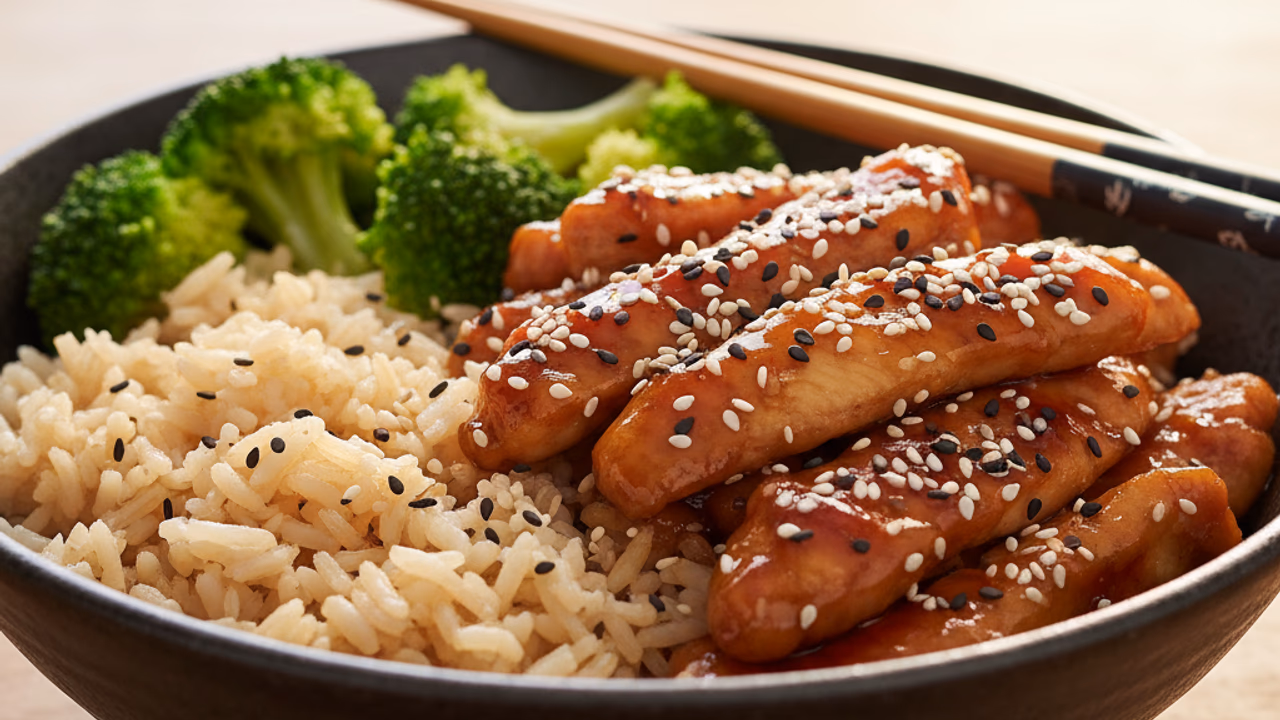 Pollo Teriyaki con Arroz Integral y Brócoli