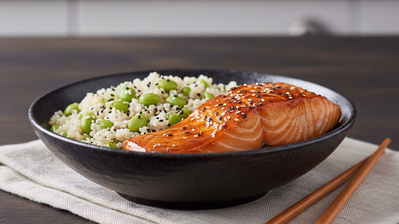 Salmón Teriyaki con Quinoa y Edamame