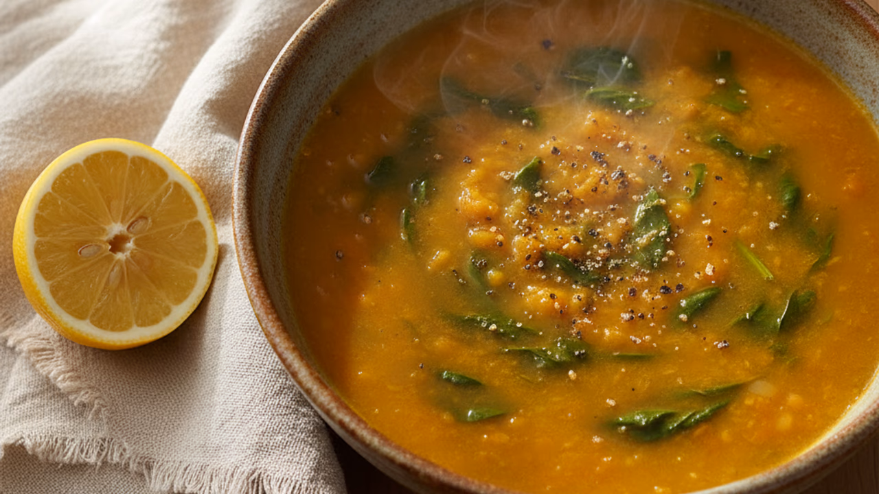 Sopa de Lentejas Rojas con Espinaca y Cúrcuma